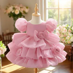 3008 Bubble sleeve dress elegant design for special occasions white baptismal bow design dress suitable for girl birthday parties birthday gifts