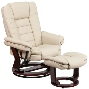 Flash Furniture BT-7818-BGE-GG Contemporary Beige Leather Recliner & Ottoman with Swiveling Mahogany Wood Base