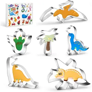 Dinosaur Cookie Cutters - 6 count Large Stainless Steel Dinosaur Shapes Fondant Mold, Metal Cookie Sandwich Biscuit  Molds For Baking, 3 x 4 Inch