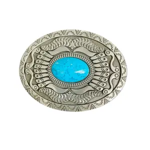 Women's Oval Western Belt Buckle with Turquoise Center – 3.5" x 2.5"