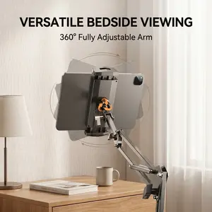1 Count Bedside Tablet Stand with Metal Base, Universal Holder for Phone and iPad, Flexible Mechanical Arm Fits 4-12.9 Inch Devices, Clamp or Desktop Mount for Bed, Sofa, Kitchen Counter, 360° Rotatable