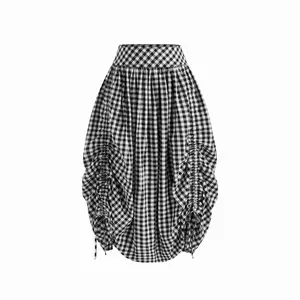 Cider [2 colors, size 2-10] Multi-way 100% Cotton Mid Rise Gingham Drawstring Ruffle Hem Maxi Skirt