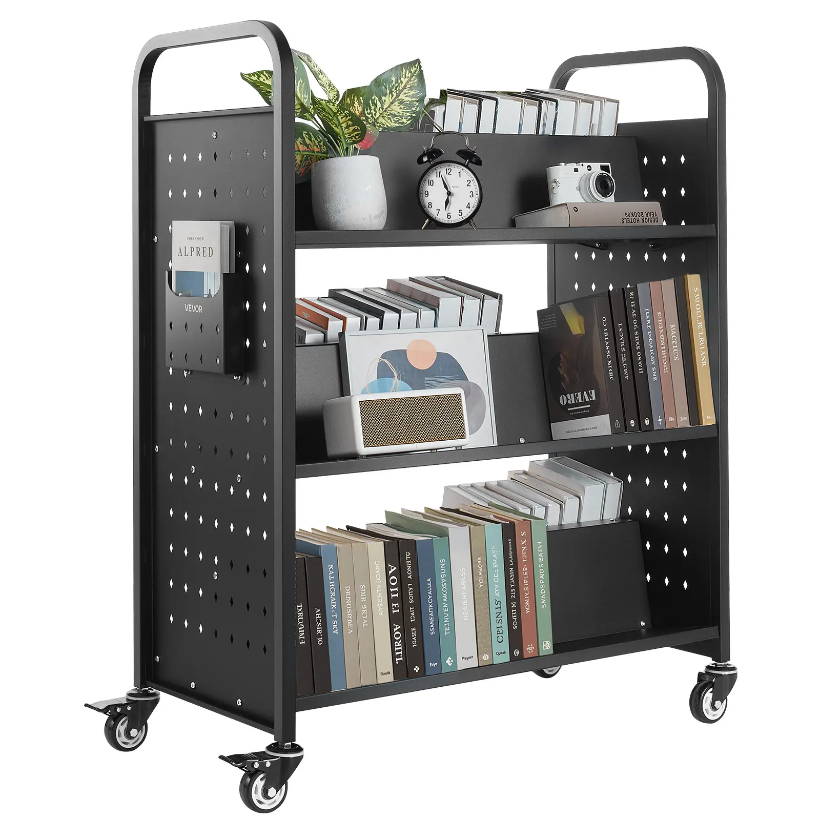 【SummerFinds】VEVOR Rolling Library Book Cart, 330 lbs Capacity, 38.2x20.3x48.2-in Organiser Racks, No-Installation Double-Sided W-Shaped Shelf, 3-in Lockable Wheels, for Home & Office Use, Black, Carbon Steel, Durable, Metal, Rolling Cart Organization, Li