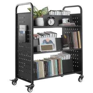 VEVOR Rolling Library Book Cart, 330 lbs Capacity, 38.2 x 20.3 x 48.2-Inch Library Cart, Double Sided W-Shaped Shelves with 3-Inch Lockable Wheels, Book Truck for Home Shelves Office and School, Black