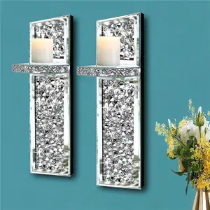 Set of 2 Crystal Crush Diamond Candle Sconces, Gorgeous Silver Mirrored Wall Sconce, Candle Holder Glass Wall Decorations for Home Décor. Ornaments