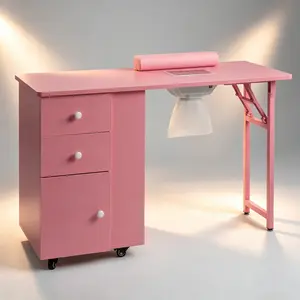 Pink Folding Nail Desk, MDF Manicure Station With 2 Drawers And 1 Door Cabinet For Salon Home Beauty Use