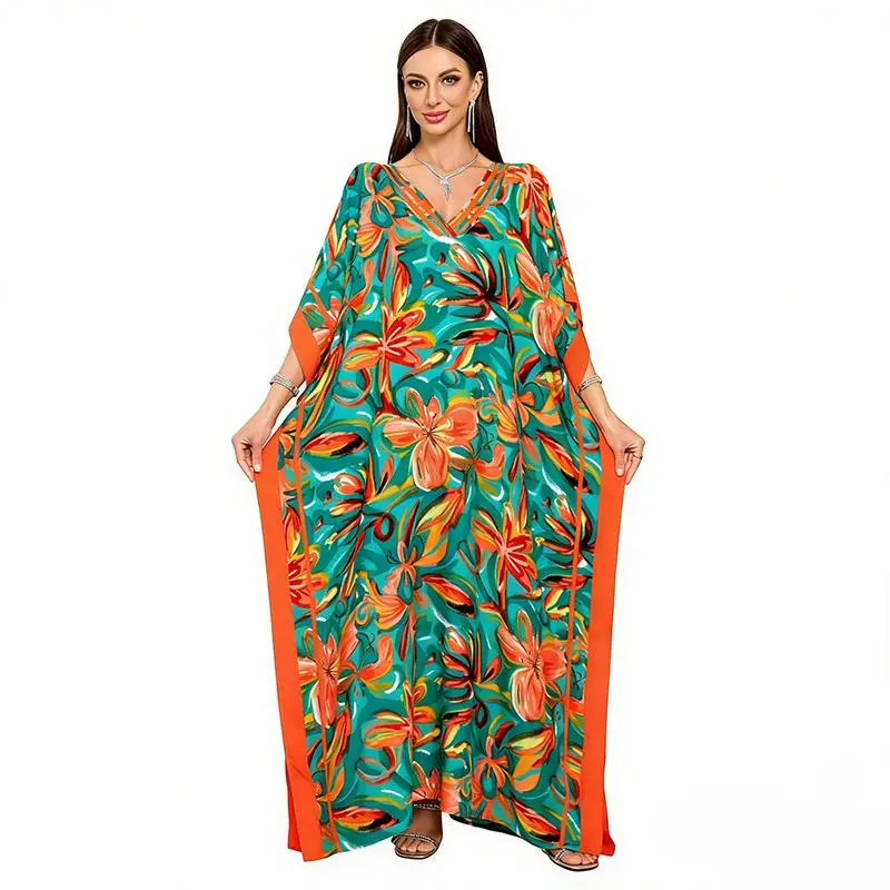 Women's Plus Size Bohemian Kaftan, Abstract Print Viscose Dress for Casual Loungewear or Evening, Breathable V-Neck Vacation Cover Up, Lady, Fabric, Soft, All Over Print, Batwing Sleeve Summer Chic, Deep V, Caftan, Casual Wear, Lightweight, Style, Ethnic