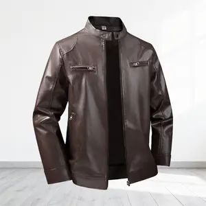 Men's stand collar leather jacket with a simple and stylish design, featuring multiple zipper pockets and a stand collar silhouette suitable for adult men's daily commute and casual occasions.