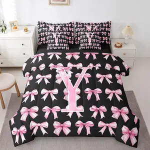 Feelyou Pink and Black Coquette Bow 7-Piece Bed in a Bag Bed Comforter Set - Ultra Soft Multi-Size Fantasy Aesthetic Bedding Set for Girls, Bedsheet Sets, Blanket Set