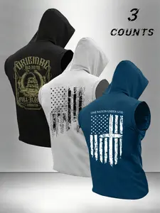 Men's 3-Piece Set Letter Flag Print Round Neck Sleeveless T-Shirt, Fashion Versatile Sports Style, Summer Fitness Outdoor Wear
