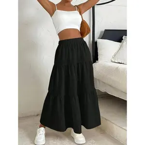 Women’s flat pleated flared skirt, casual high-waisted long skirt, suitable for everyday wear, 2024 summer clothing, all-season women’s underwear GARMENTARY