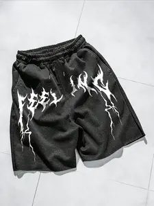 Men's Loose Fit Shorts, Death Metal Font Flame Lightning Print, Washed Rock Street Style Drawstring Shorts, Summer Skateboard Concert Wear