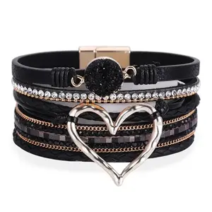 Ladies Boho Heart Multilayered Bracelet - Adjustable PU Leather with Metal Heart Design, Durable and Trendy Accessory for Women