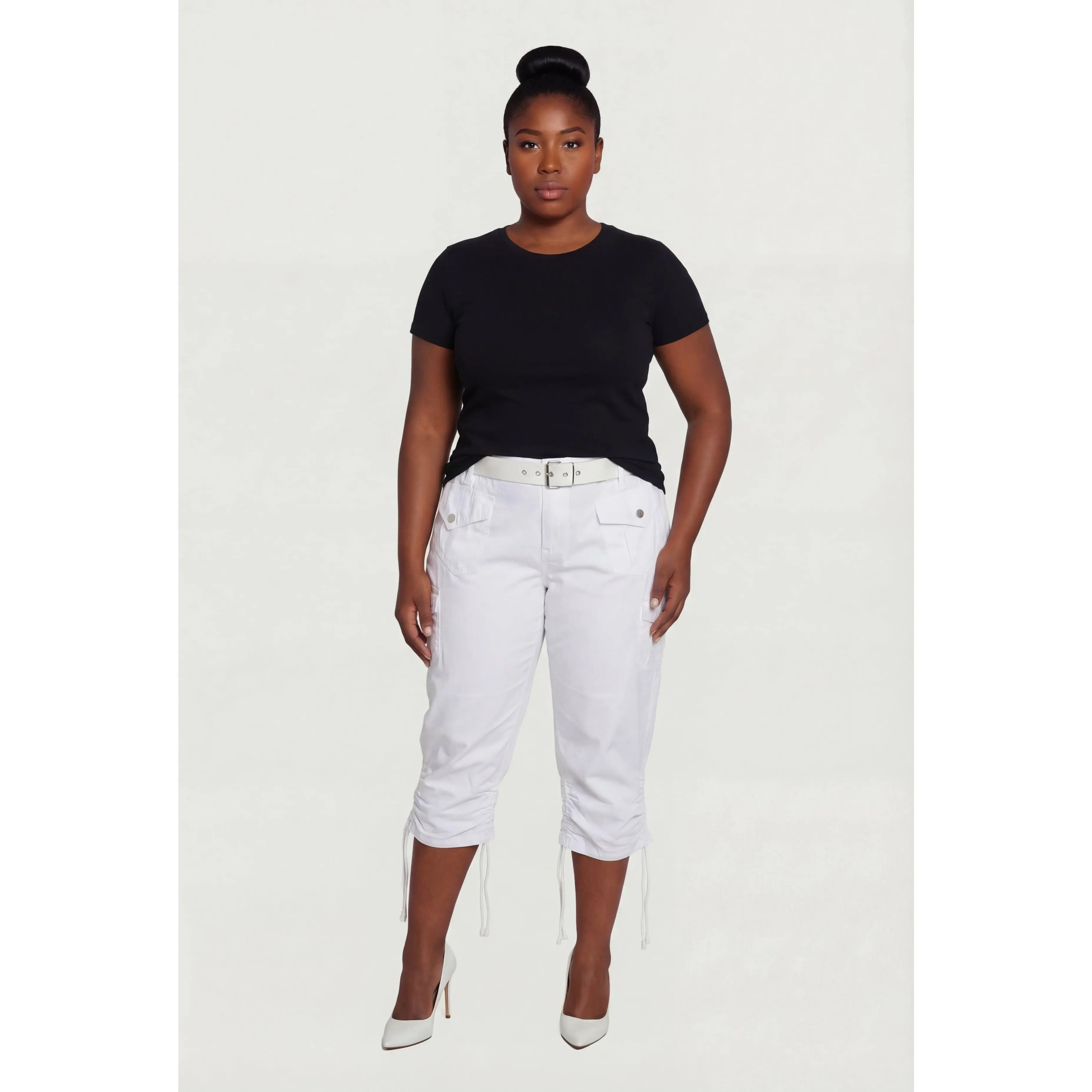 Plus Size Belted Cargo Capri Pants with Ruched Drawstring Hem