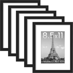 8.5x11 Picture Frame Set of 5, Display Pictures 6x8 with Mat or 8.5 by 11 Without, Wall Gallery Photo Frames, Black