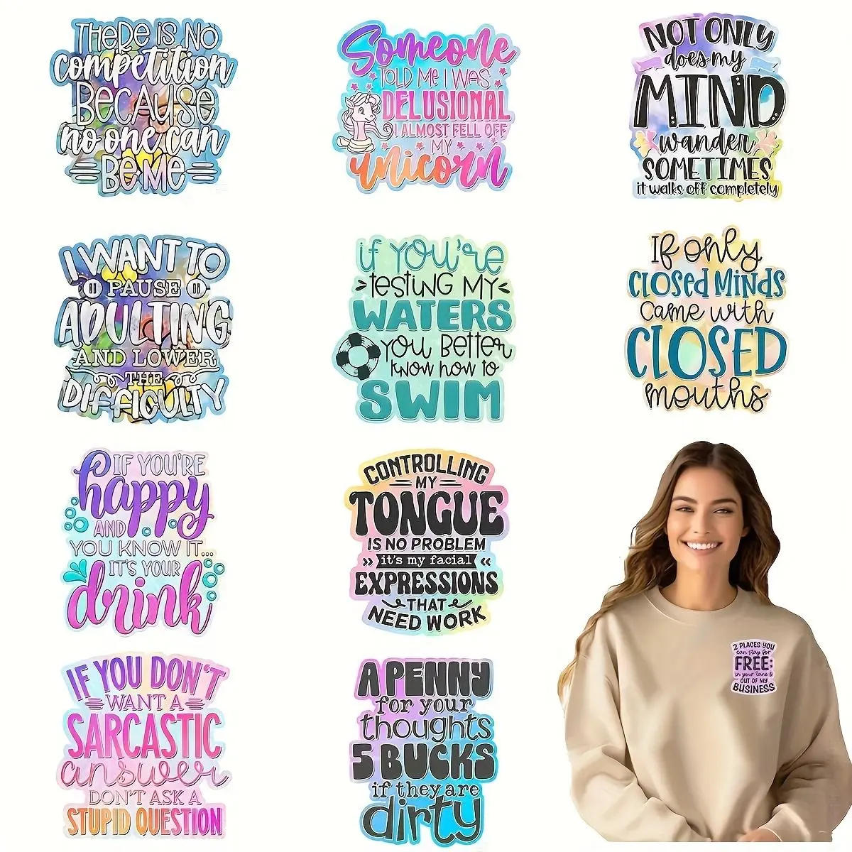 12pcs/set Multi-Color Funny Quotes Heat Transfer Decals | Washable | heat transfer vinyl stickers are great for DIY projects, multi-color vinyl is great for shirts, bags and pillows, durable design with brightly colored pattern
