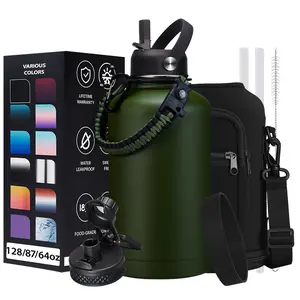 64oz 40oz 32oz Insulated Water Bottle with Straw & Auto Spout Lid - (Cold 48H & Hot 24H) Half Gallon Stainless Steel Water Jug with Paracord Handle, Metal Tactical Military Water Flask with Carrier Strap Bag
