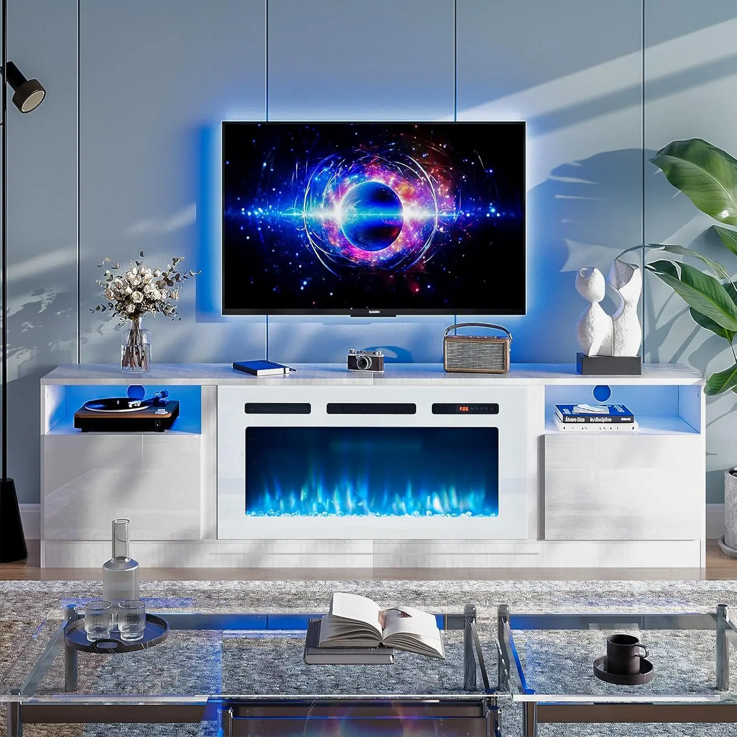 oneinmil 70in TV Stand with 36in Electric Fireplace - Large Modern Media Entertainment Center, Storage Cabinet, 12-Color LED Lights for TVs Up to 80in, Light Up Your Space