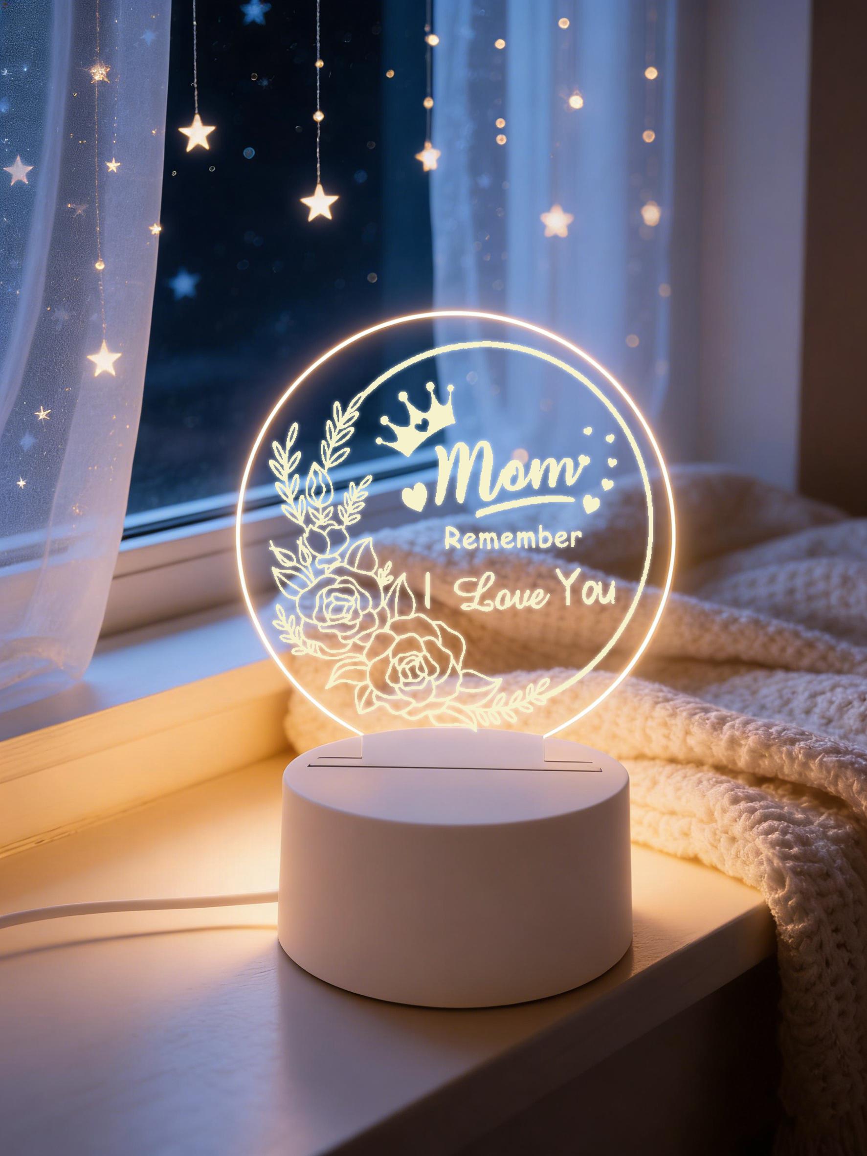 Mom Remember I Love You 2D Acrylic LED Night Light, Rose Crown Engraved Warm White Bedside Lamp, USB Powered Desk Decor Lamp, Best Mother's Day Birthday Gift for Mom, Bedroom Living Room Home Decor Nightlight