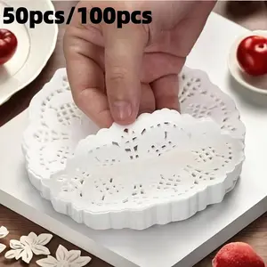 50pcs/100pcs, Round Mat Paper Doily Lace Brim Cupcake Pad for Fried Food Dessert Cookies, Party Wedding Table Decor, Biscuit Cake Pad, Kitchen Utensils, Kitchen Supplies, Kitchen Accessories, Kitchen Stuffs
