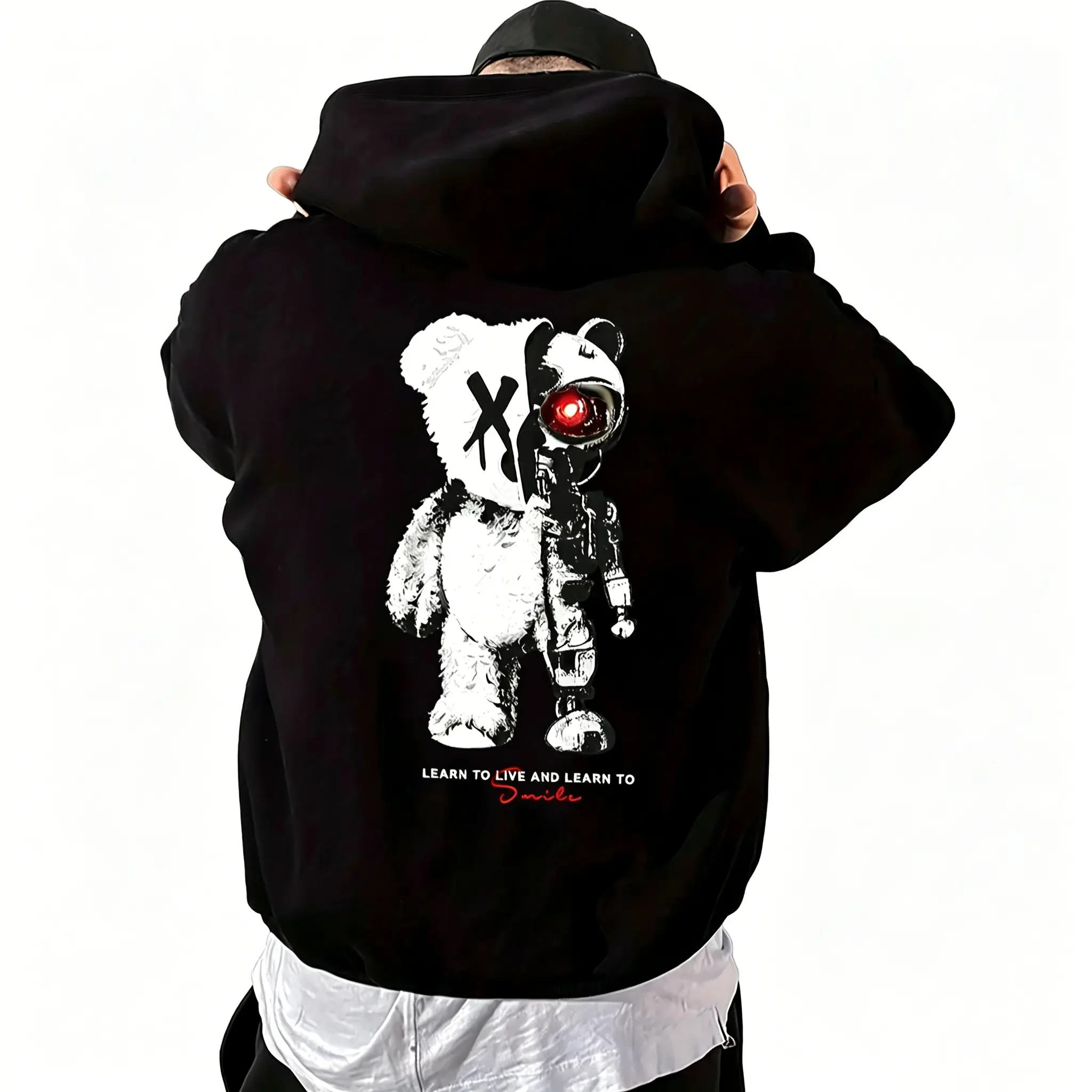 Men's Pullover Hoodie with Cyberpunk Bear Graphic, Streetwear Longsleeve Sweatshirt with Kangaroo Pocket for Casual OOTD, Sweatshirts, Longsleeves, Graphic Hoodies, Fitted, Alternative Style, Fabric, Cartoon