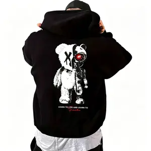 Men’s Cyberpunk Bear Hoodie Sweatshirt - Black Long Sleeve Tops with Kangaroo Pocket, Non-Itchy Fabric, Cool "Learn to Live" Graphic, Edgy Streetwear for Urban Casual Wear