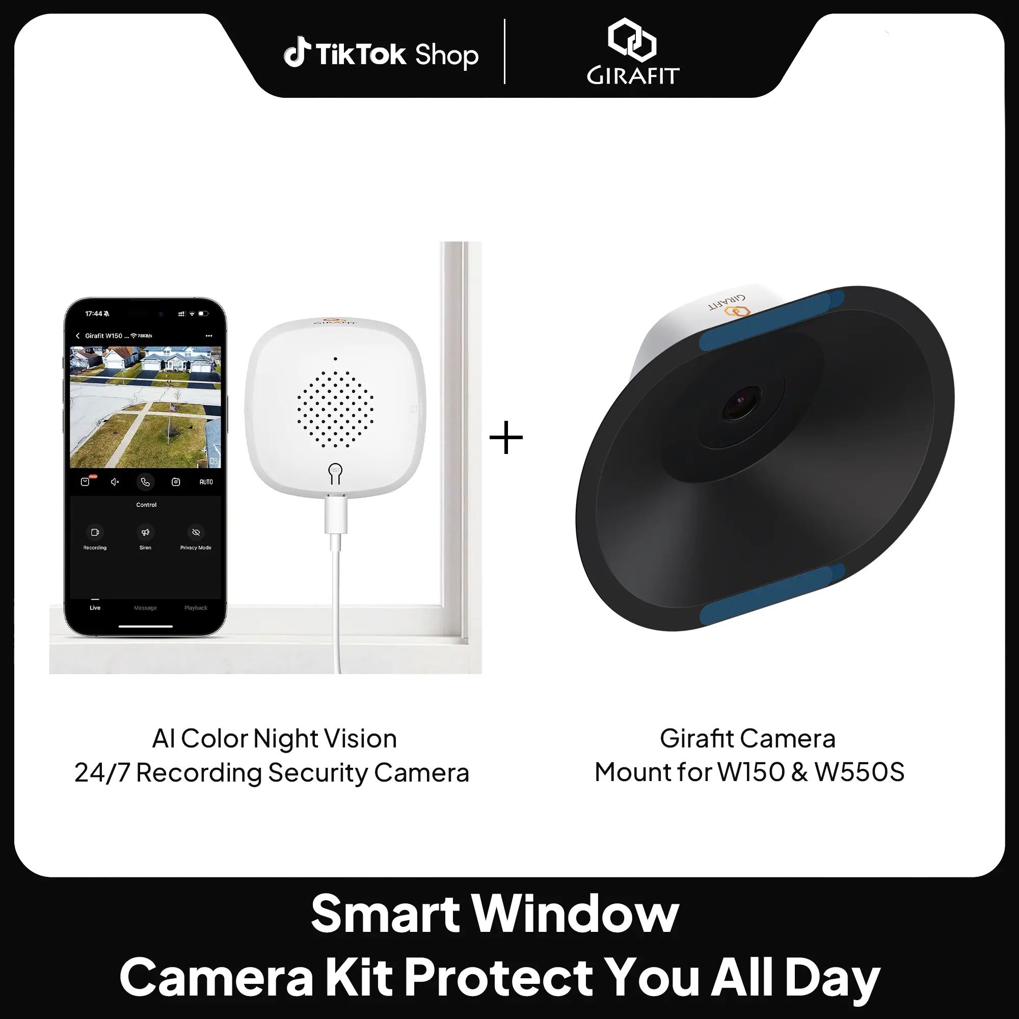 Girafit 5MP 3K Window Camera, 2.4GHz & 5GHz WiFi Indoor Cameras for Home Security with ChromaMax Al Color Night Vision, Person & Motion Detection,24/7 Recording, Easy & Quick Install+Window Camera Mount for W150, W550s - Adjustable Angle Tilt