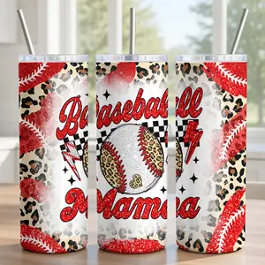 Baseball Mama Tumbler 20oz - 18/8 Stainless Steel Insulated Cup with Sliding Lid, Metal Straw & Brush - Red Digital Glitter Texture, Leopard & Lightning Design - Smooth Surface Print - Ships in 2 Days