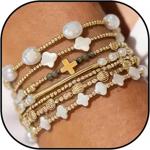 Long tiantian Gold Beaded Bracelets for Women Cross Beaded Bracelet Stack Pearl Bracelets Stackable Trendy Jewelry for Women Gifts