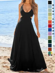 Women's Plain Cut Out Backless Halter Dress, Boho Sleeveless Tie Back A Line Dress for Beach Holiday Vacation, Ladies Clothes for All Seasons