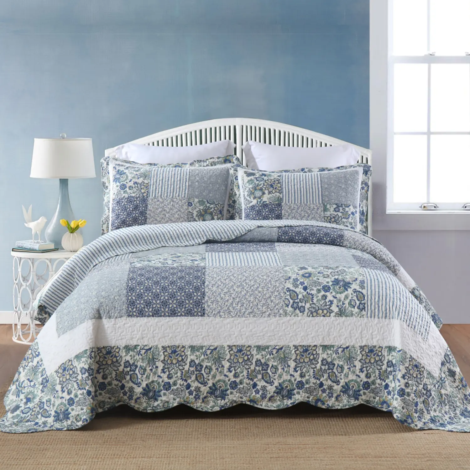 Cotton Bedspread Quilt Bedding Sets 3 Pieces Reversible Coverlet Sets Comforters Vintage Floral Patchwork Blue Bedspread (Blue Vintage Floral, King Size)