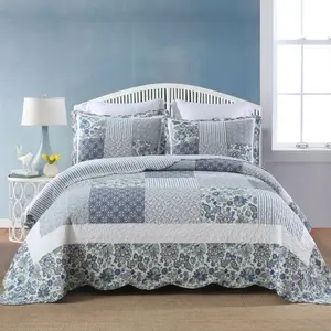 Cotton Bedspread Quilt Bedding Sets 3 Pieces Reversible Coverlet Sets Comforters Vintage Floral Patchwork Blue Bedspread (Blue Vintage Floral, King Size)