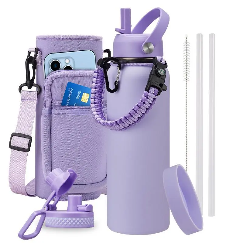 Stainless Steel Cylindrical Triple Wall Insulated Water Bottle (32oz/40oz/64oz) - Leakproof Lids, Straw & Spout Lid, 48H Cold/24H Hot Retention, Paracord Handle, Strap Carrier Bag with 2 Storage Pockets, Outdoor Adventure Gear