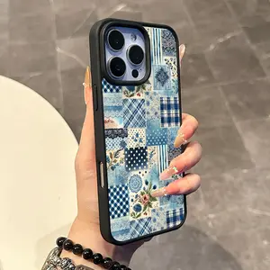 Chic Magnetic Case for iPhone11/12/13/14/15/16/17/promax Blue Patchwork Pattern MagSafe Ready, Anti-Slip, Ultra Thin | Aesthetic Touch for Daily Use