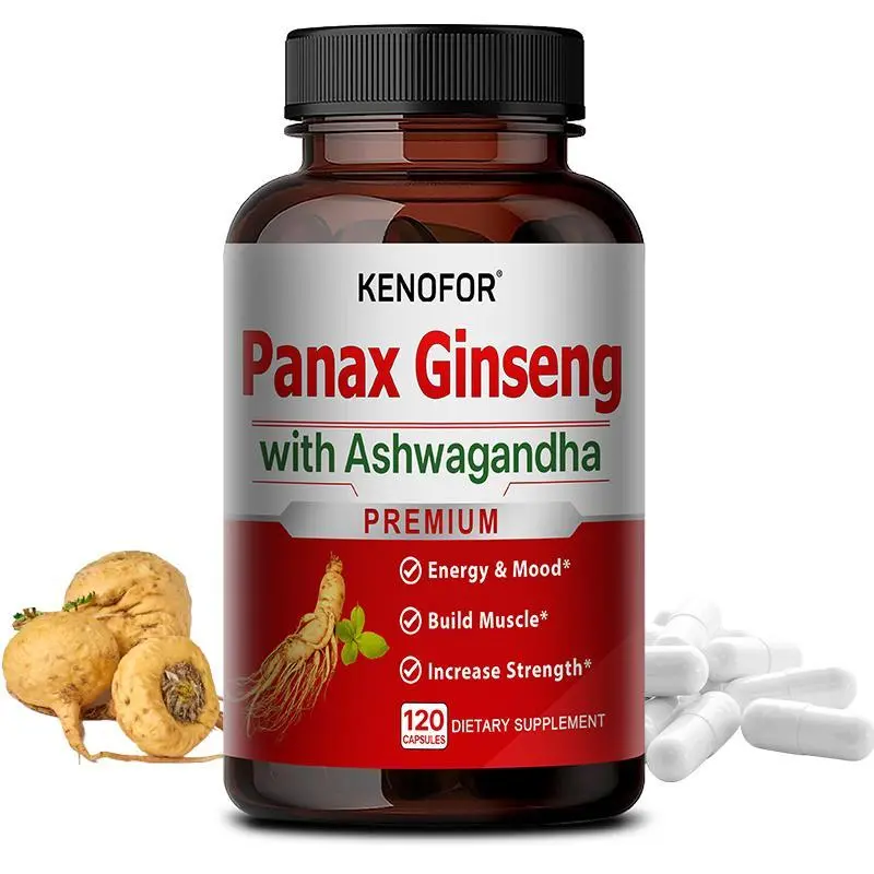 Kenofor Panax Ginseng with Ashwagandha Herbal Capsules - Vegan-Friendly Natural Supplements, Capsule Form, Boosts Energy, Supports Vitality, Endurance, 120 Count