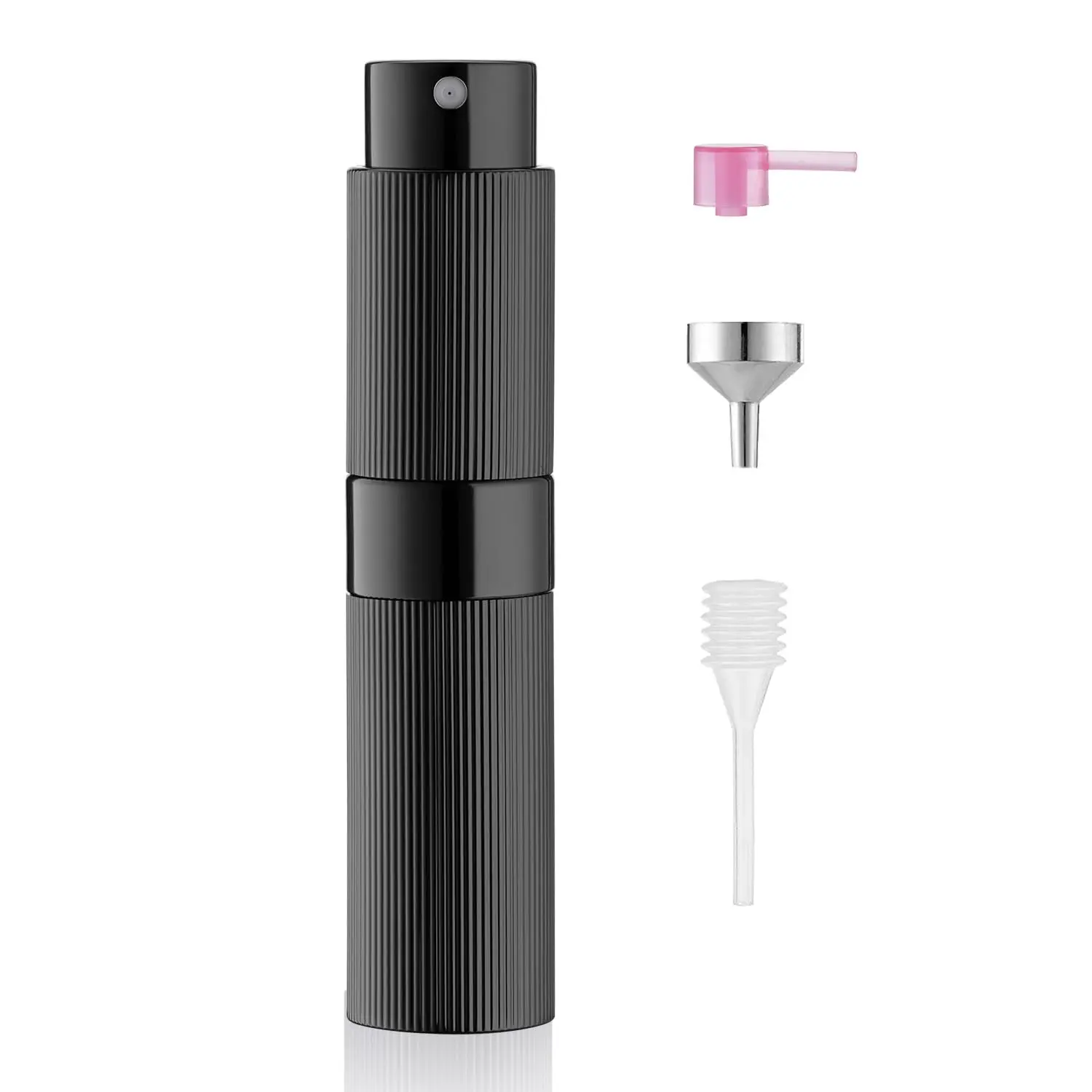 8ml Modern Pinstripe Refillable Cosmetic Perfume Spray Atomizer Bottle - 1 Count Mini Portable Empty Twist Top Dispenser with Nozzle, Black Travel Cologne Sprayer for Home Organizer Storage, Glass Liner, Leak Proof