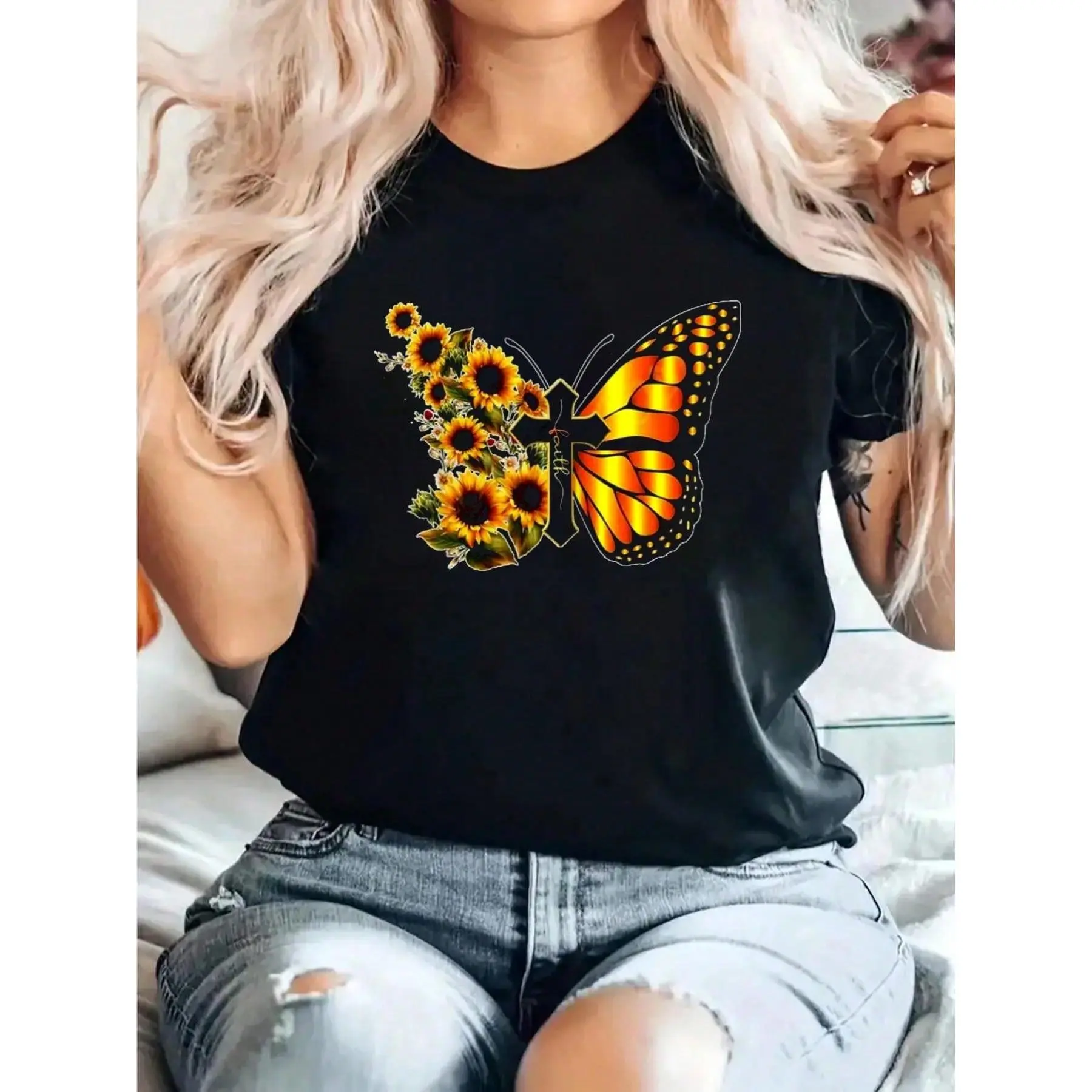 Women's Vintage Graphic T-Shirt in 100% Cotton, Korean Style Sunflower Faith Print Fitted Short Sleeve Casual Top, Graphic Print, Pure Cotton