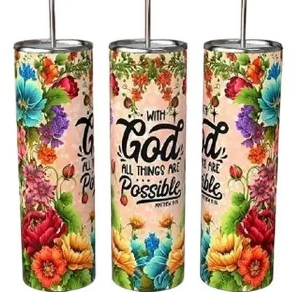 20oz Stainless Steel Insulated Tumbler - Eco-Friendly Christian Inspired Message Reusable Water Bottle, Kitchenware Drinkware with Lid, Straw, High-Quality, Hand Wash Only, Flower Design