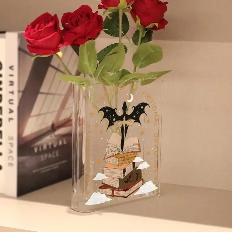 Acrylic Book Shape Vase, Transparent Material, Beautiful Printed Pattern, Decorative Vase, Flower Arrangement Vase, Home Decor, Perfect Gift for Book Lovers, Christmas Present, Clear Acrylic Vase, Modern Vase