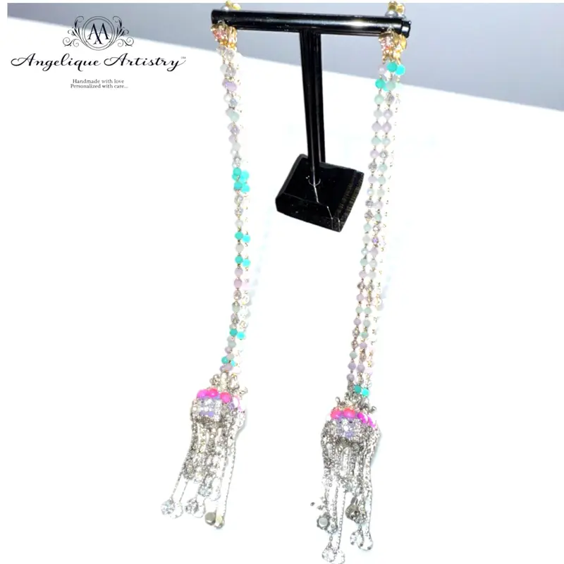 Angelique Artistry Handmade Kashmiri Aathoor Dangle Earrings Cultural Wedding Jewelry Long Gemstone Jhumka Earrings Traditional Indian Bridal Earrings Pastel Beads Silver Chains