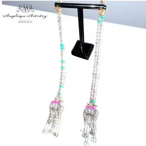 Angelique Artistry Handmade Kashmiri Aathoor Dangle Earrings Cultural Wedding Jewelry Long Gemstone Jhumka Earrings Traditional Indian Bridal Earrings Pastel Beads Silver Chains