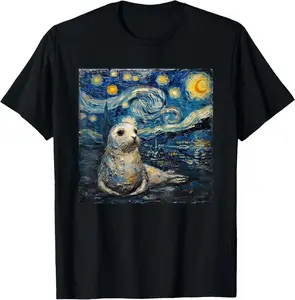 100% Cotton Seal Sea Lion Van Gogh Style Starry Night T-Shirt