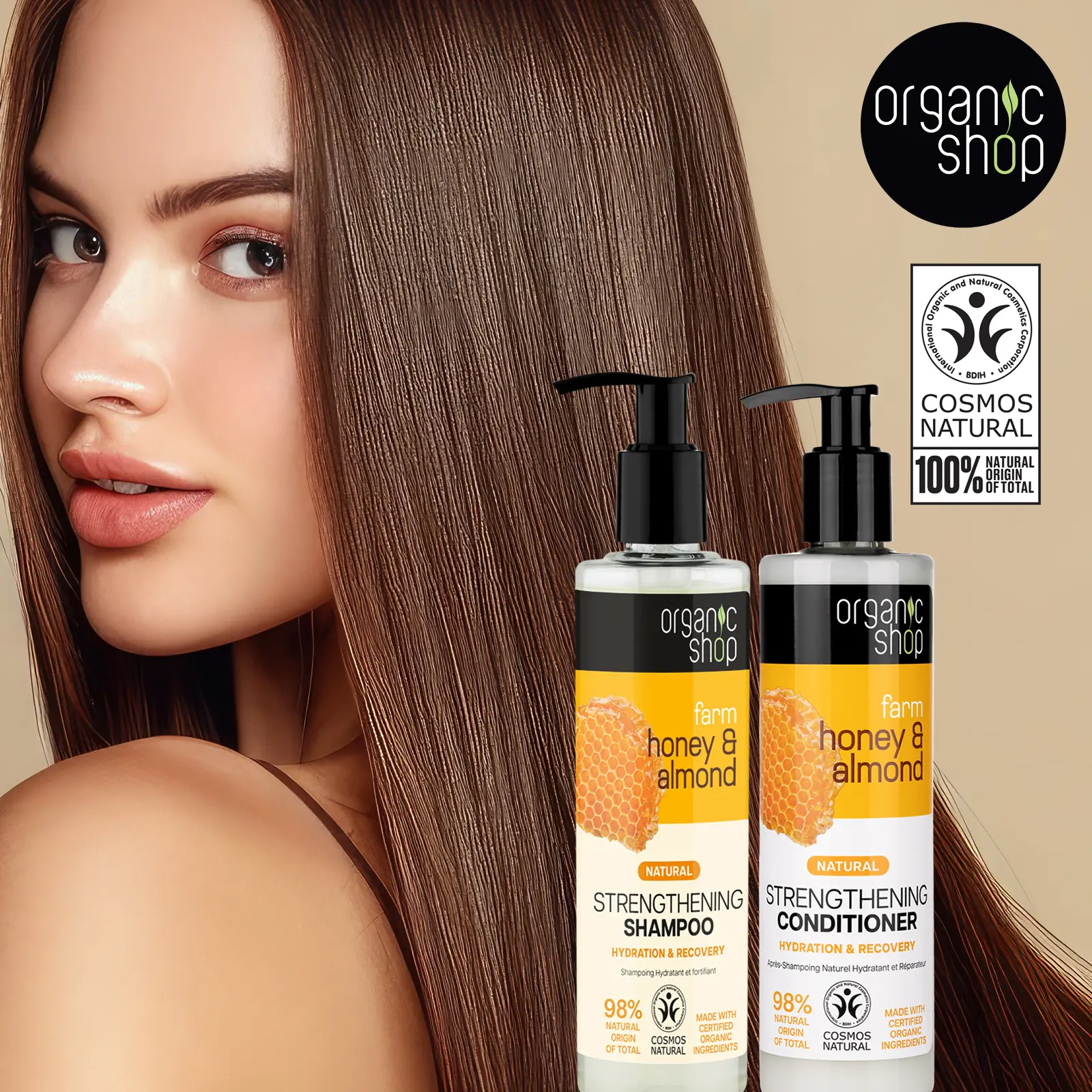 Organic Shop Raw Honey & Almond – High Strengthening Shampoo + Conditioner Deep Repairing - 100% Vegan & Organic, Rich In Vitamins & Minerals, Silky Hydration & Nourishing. 9.5 Fl Oz