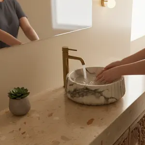 MLF Round Marble-Pattern Ceramic Vessel Sink – 14.5"x14.5"x5.3" Modern Bathroom Vessel Sink Bowl – Premium Above-Counter Bathroom Sink for Vanity – Stylish Countertop Basin for Small & Large Bathrooms
