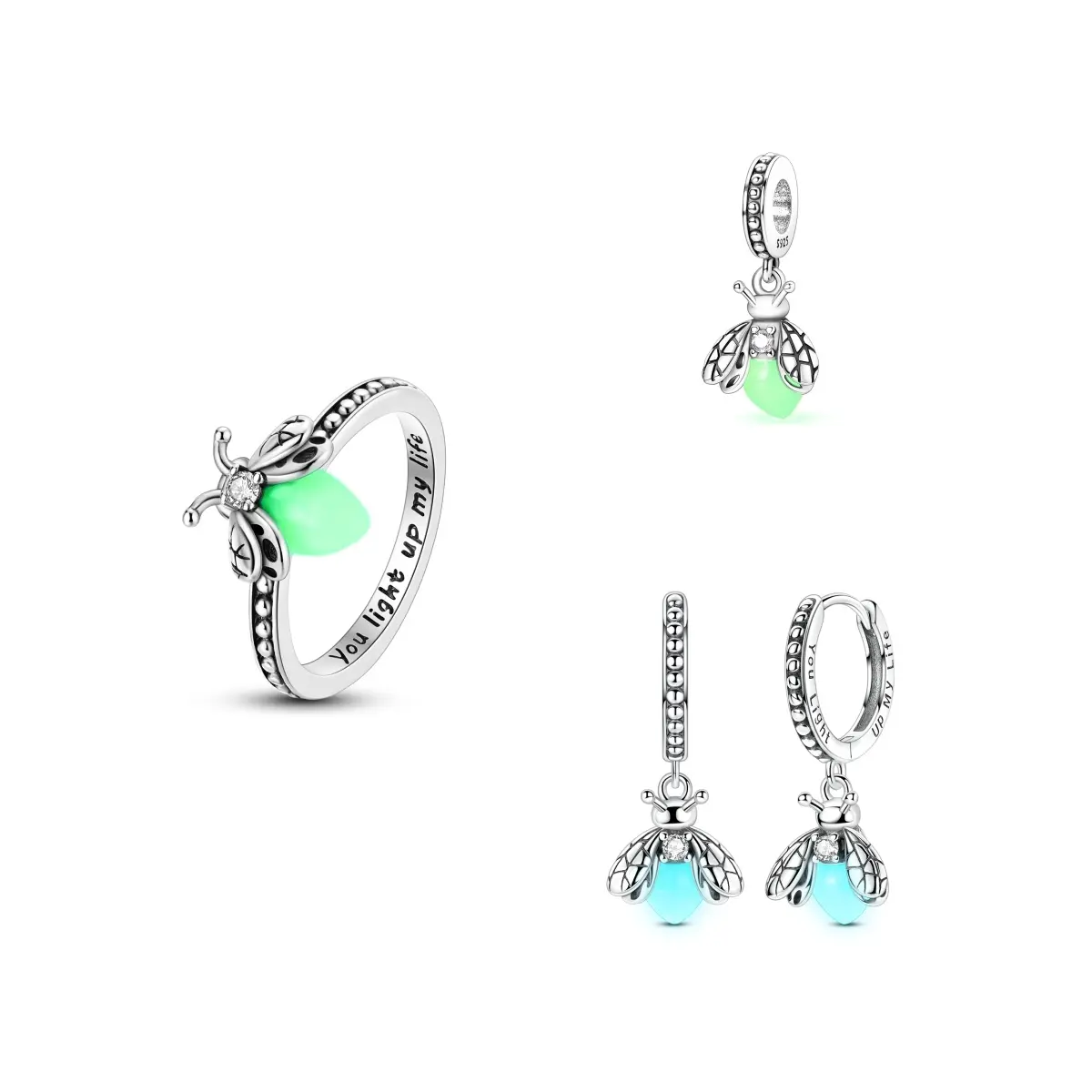 MULA S925 Sterling Silver Firefly Animal Jewelry for Women, Casual Personalized Glow-in-the-Dark Ring, Earrings or Charm with Engraved Quote for Graduations