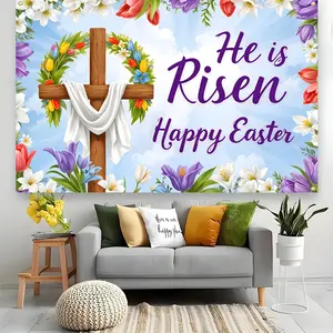 1pc Easter Backdrop Floral Design Vibrant Cross White Ribbon Colorful Flowers for Church Home Celebration Spring Summer