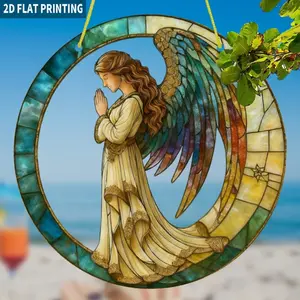 2D flat design, 1 piece, angel praying sunflower sun catcher, round acrylic, 8x8 inches, modern style, suitable for living room, bedroom, housewarming, New Year, general holiday gift, anniversary decoration