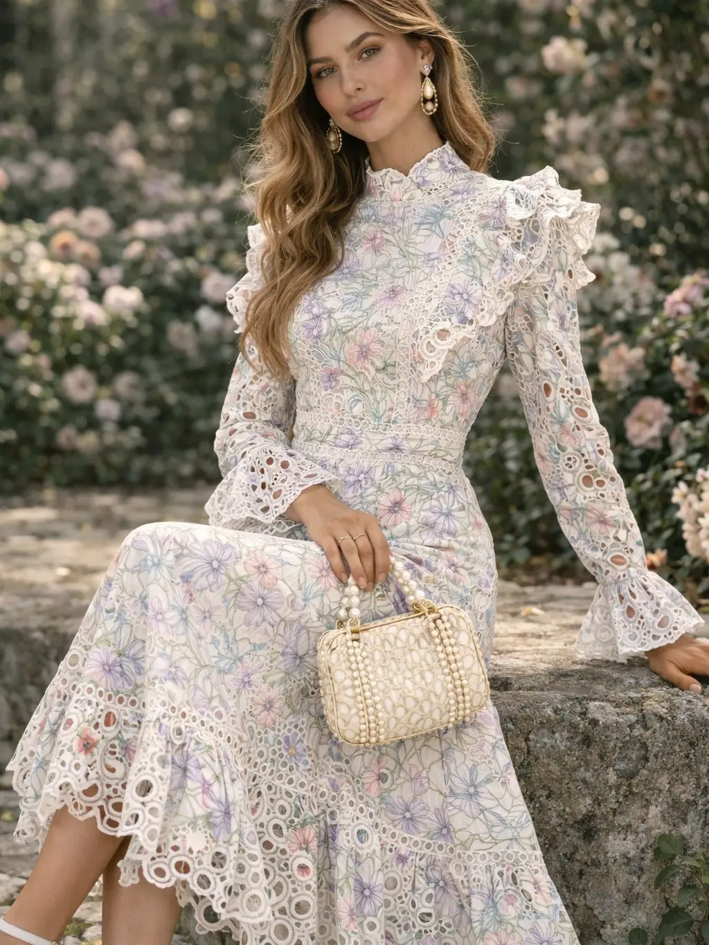 Pastel Floral Lace Maxi Dress for Women Elegant Long Sleeve Romantic  Cottagecore Dress Vintage Floral Garden