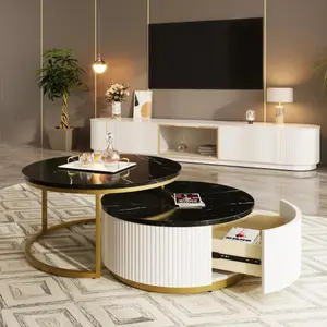 Bellemave Modern Round Nesting Coffee Table with Fluted Design & Drawer in White & Gold MDF Top for Contemporary Glamour Elegance and Convenient Storage