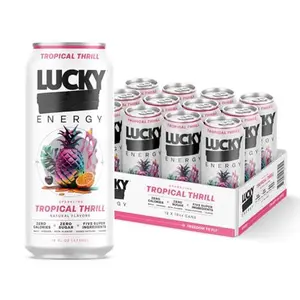 Lucky Energy Sugar Free Energy Drinks 16 Fl Oz Cans (12-Pack) Healthy Energy Drink. Tropical Thrill with Maca, Ginseng, Taurine, Beta-Alanine, 200mg Caffeine